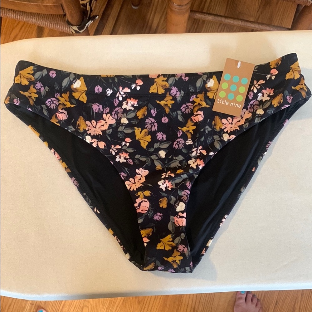 Title Nine Black Floral Bikini Bottoms with Pink & Mustard Flowers